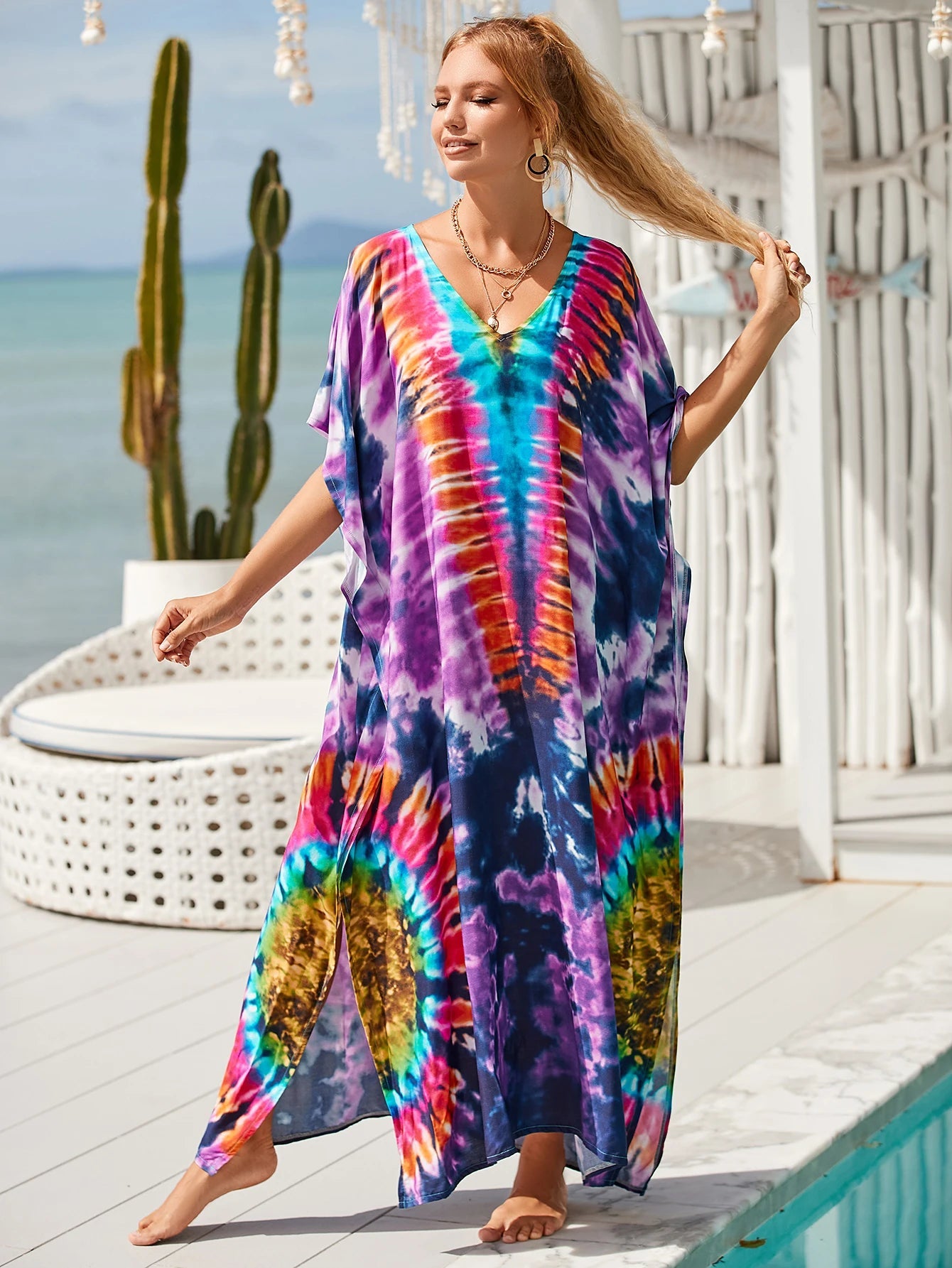 Women Oversize Kraftan Ethnic Print Swimsuit Cover Ups Dresses jehouze
