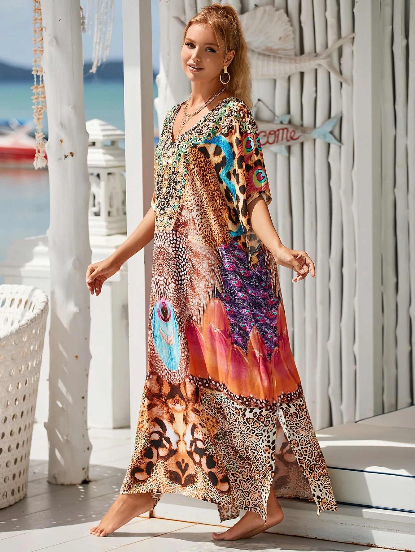 Women Oversize Kraftan Ethnic Print Swimsuit Cover Ups Dresses jehouze