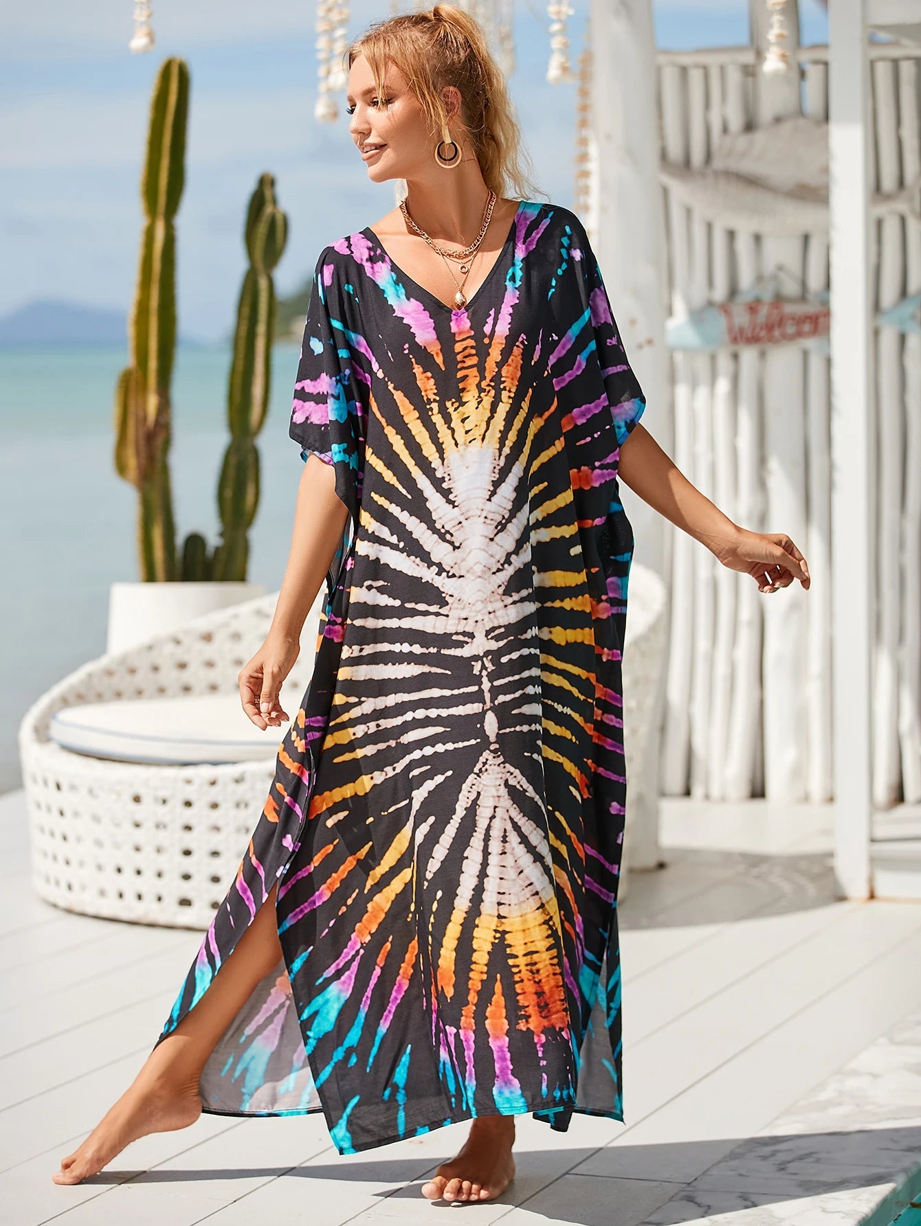 Women Oversize Kraftan Ethnic Print Swimsuit Cover Ups Dresses jehouze
