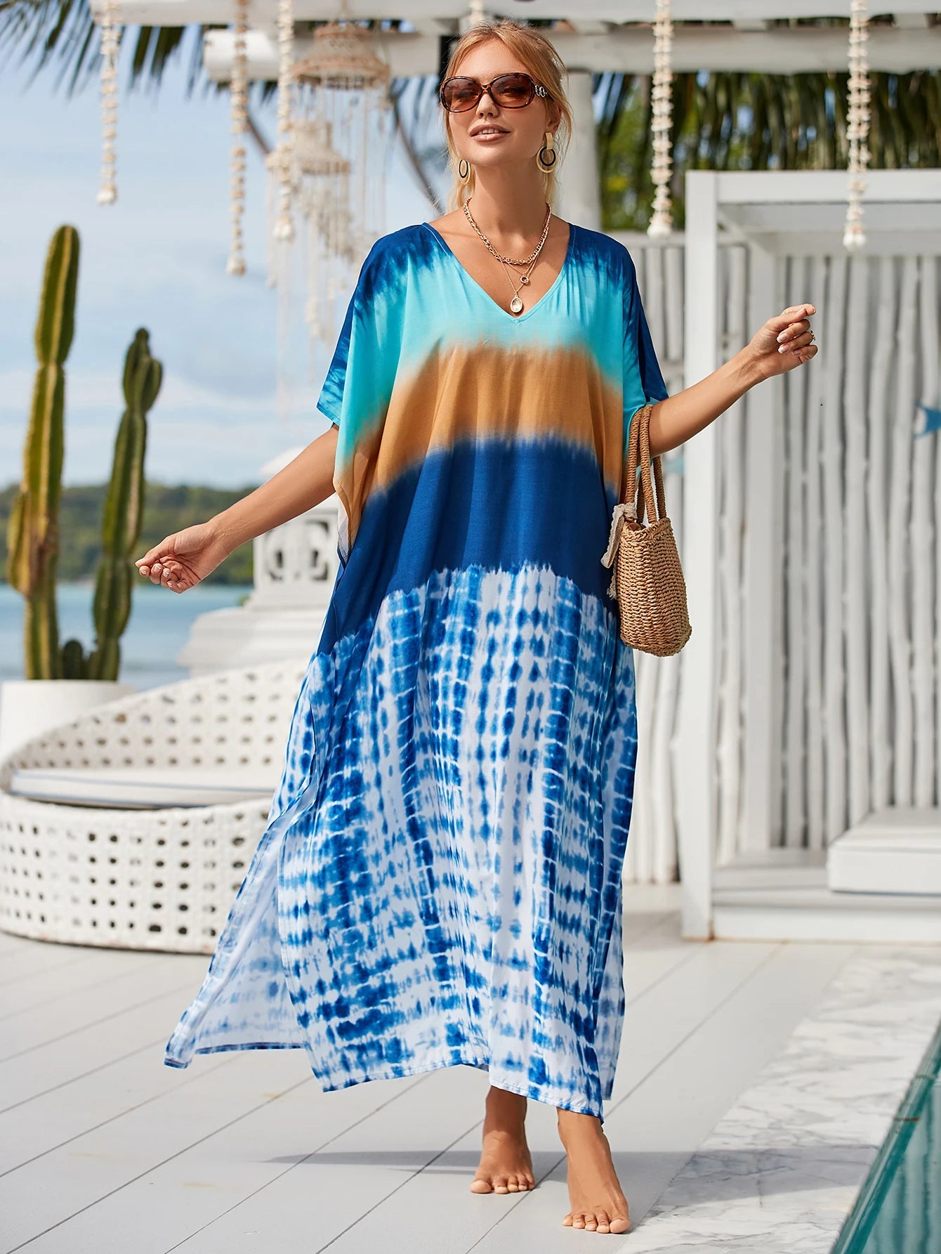 Women Oversize Kraftan Ethnic Print Swimsuit Cover Ups Dresses jehouze