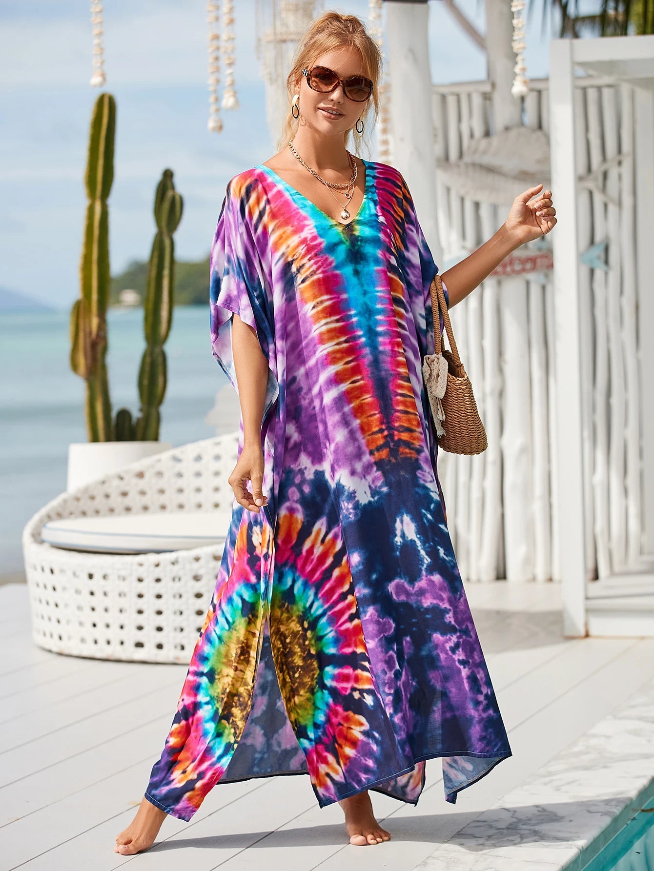 Women Oversize Kraftan Ethnic Print Swimsuit Cover Ups Dresses jehouze
