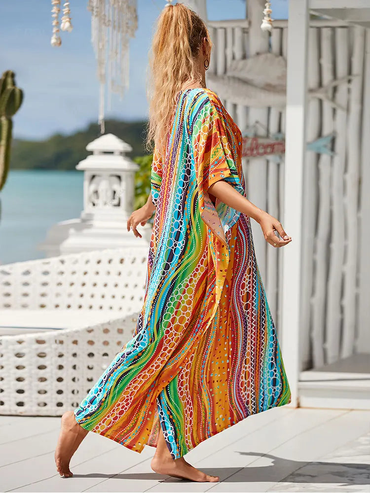 Women Oversize Kraftan Ethnic Print Swimsuit Cover Ups Dresses jehouze