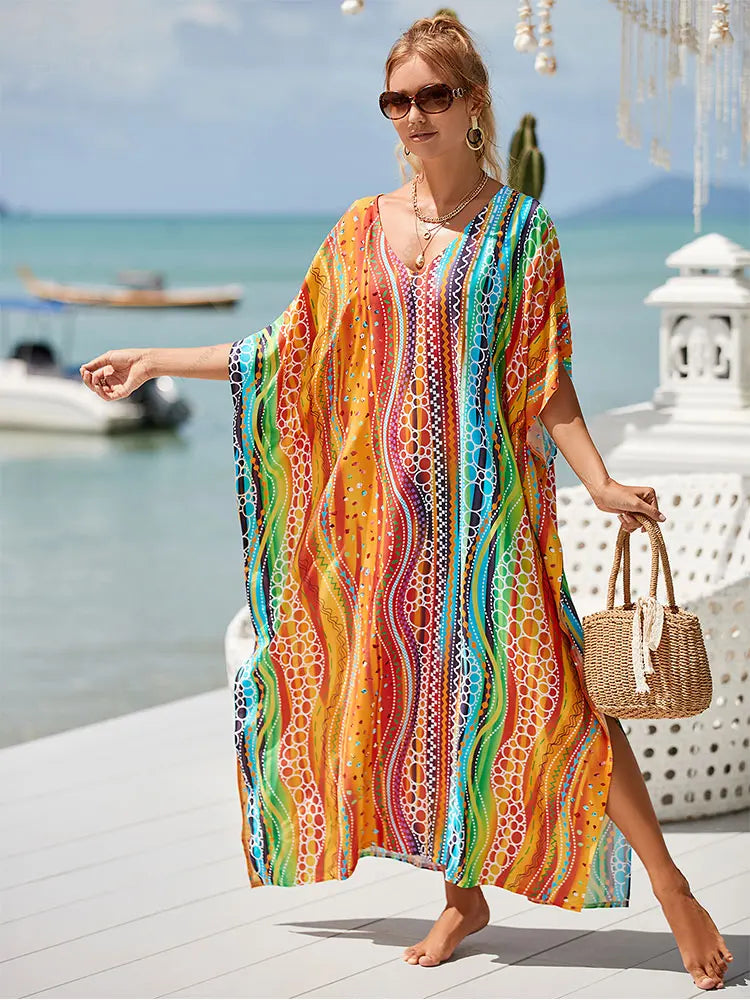 Women Oversize Kraftan Ethnic Print Swimsuit Cover Ups Dresses jehouze Q1476-13 ONE SIZE