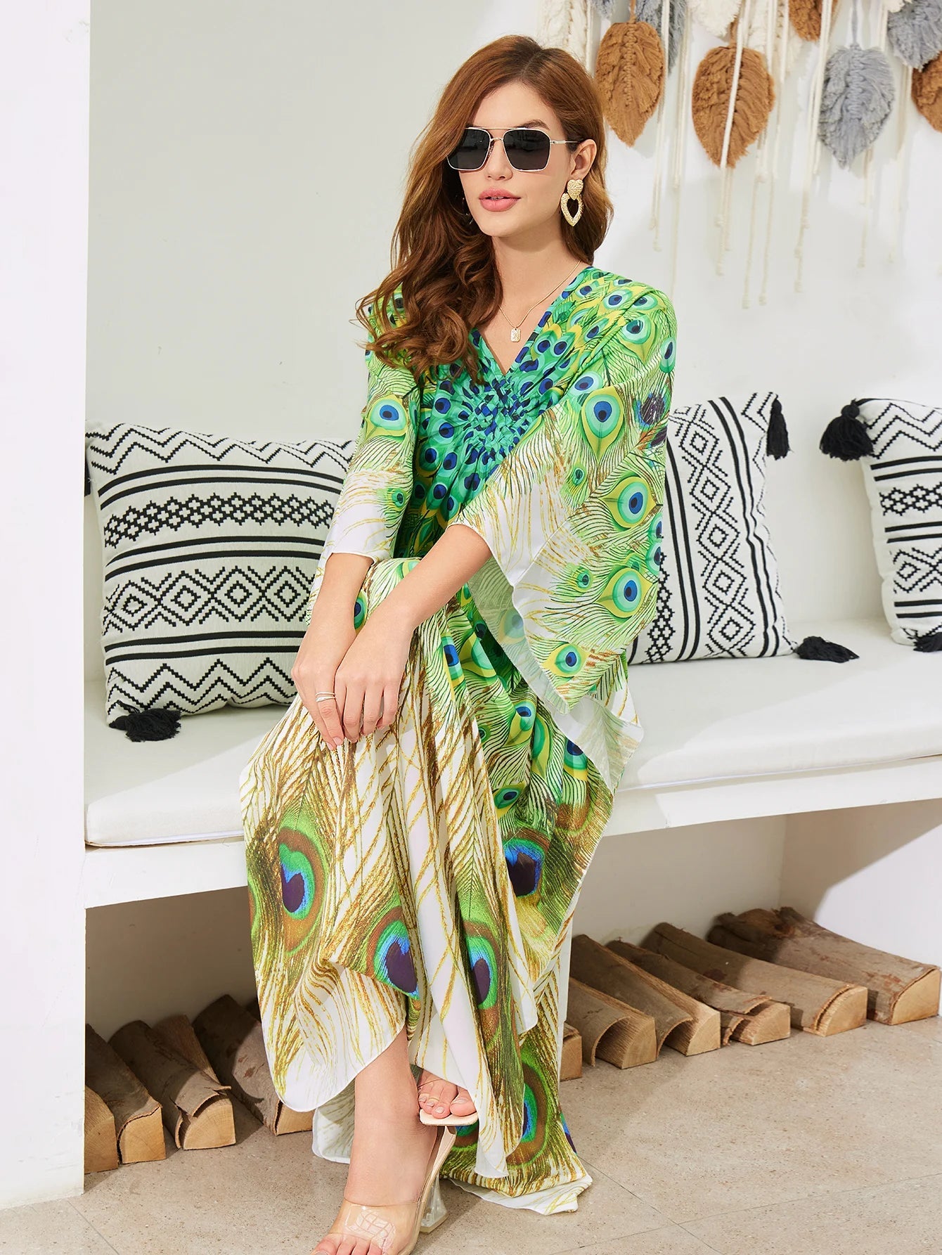 Women Oversize Peacock Printed Lightweight Batwing Sleeve Cover Up Swimwear Dresses jehouze