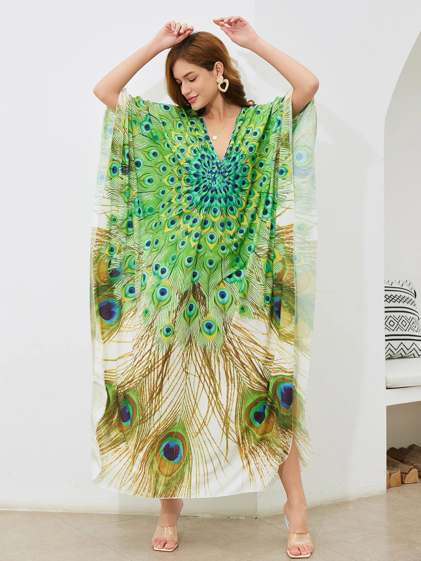 Women Oversize Peacock Printed Lightweight Batwing Sleeve Cover Up Swimwear Dresses jehouze