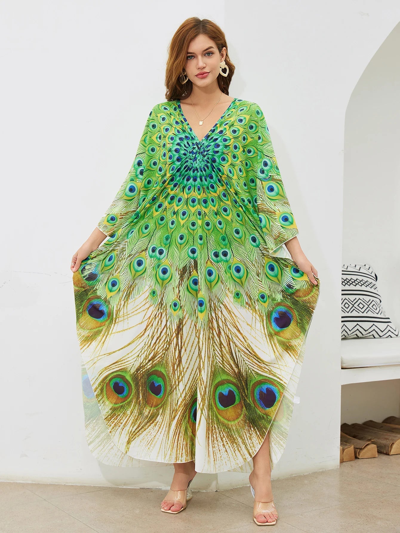 Women Oversize Peacock Printed Lightweight Batwing Sleeve Cover Up Swimwear Dresses jehouze