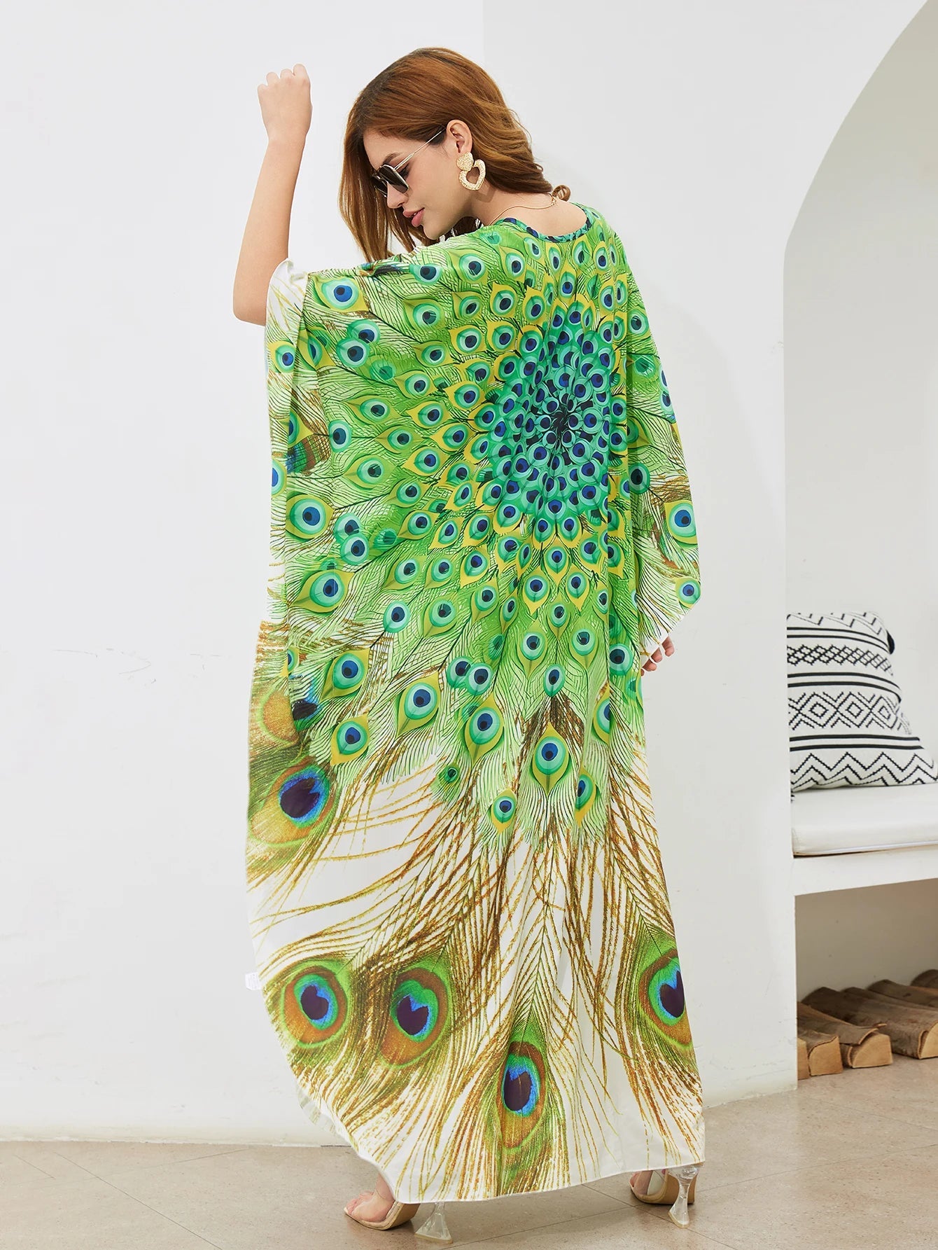 Women Oversize Peacock Printed Lightweight Batwing Sleeve Cover Up Swimwear Dresses jehouze