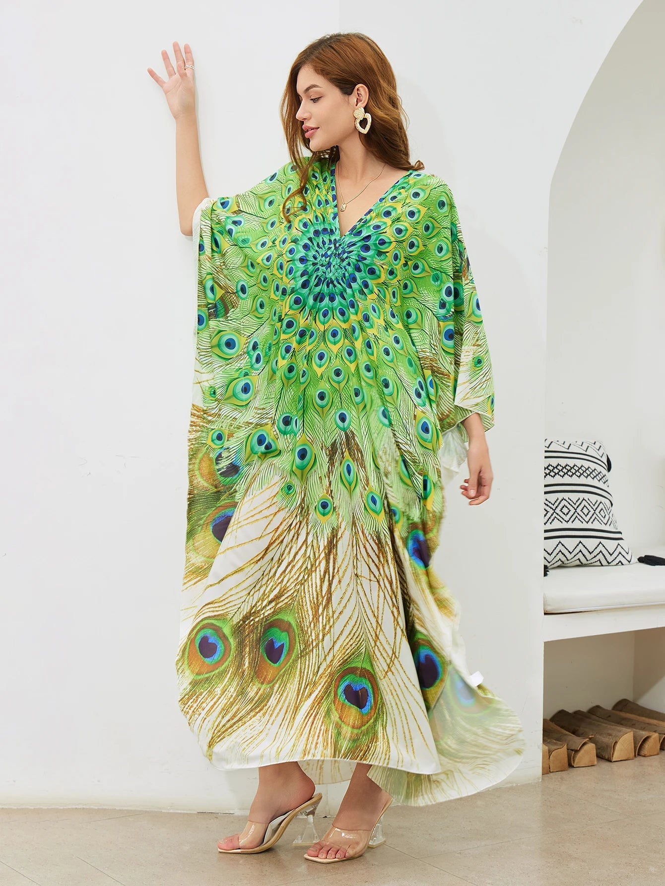 Women Oversize Peacock Printed Lightweight Batwing Sleeve Cover Up Swimwear Dresses jehouze