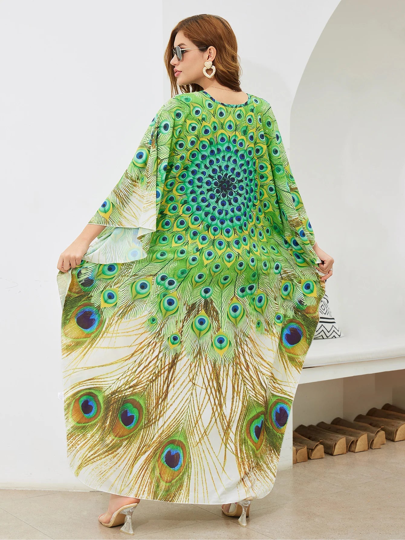 Women Oversize Peacock Printed Lightweight Batwing Sleeve Cover Up Swimwear Dresses jehouze