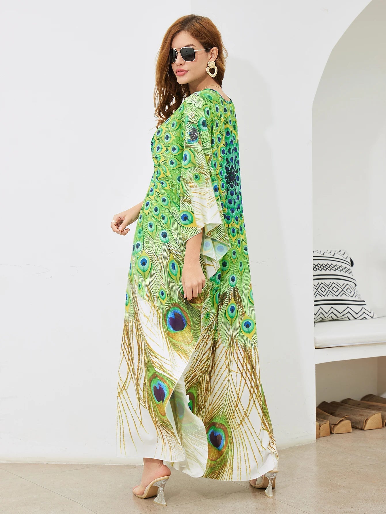 Women Oversize Peacock Printed Lightweight Batwing Sleeve Cover Up Swimwear Dresses jehouze