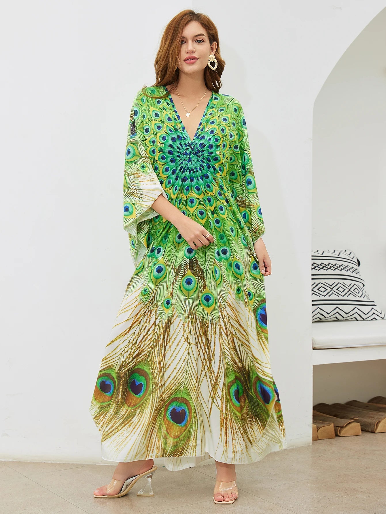 Women Oversize Peacock Printed Lightweight Batwing Sleeve Cover Up Swimwear Dresses jehouze Light Green