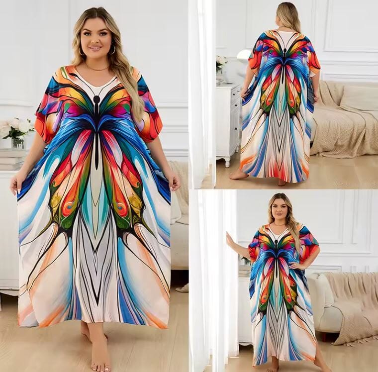 Women Oversize Printed Lightweight Batwing Sleeve Cover Up Swimwear Dresses jehouze 1334-1