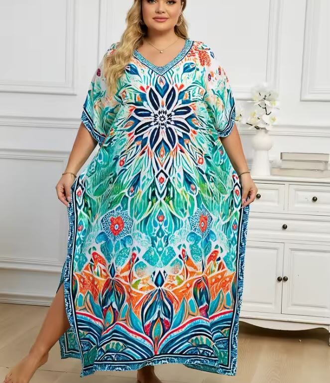Women Oversize Printed Lightweight Batwing Sleeve Cover Up Swimwear Dresses jehouze 1334-10