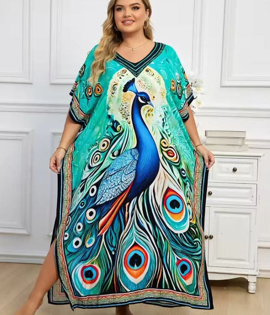Women Oversize Printed Lightweight Batwing Sleeve Cover Up Swimwear Dresses jehouze 1334-13