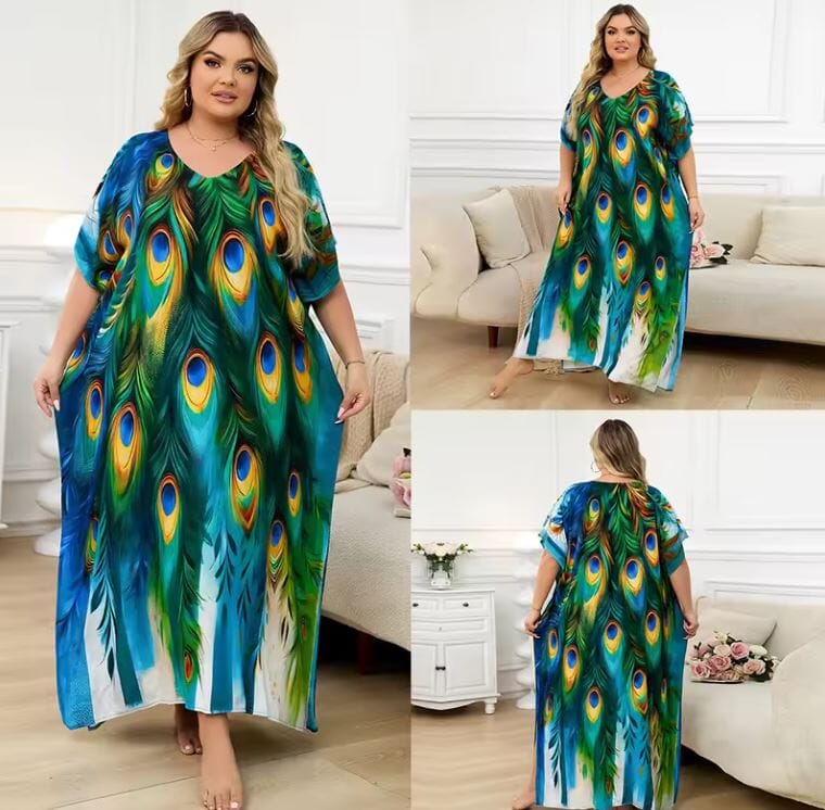 Women Oversize Printed Lightweight Batwing Sleeve Cover Up Swimwear Dresses jehouze 1334-2