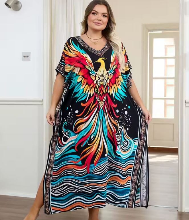 Women Oversize Printed Lightweight Batwing Sleeve Cover Up Swimwear Dresses jehouze 1334-20