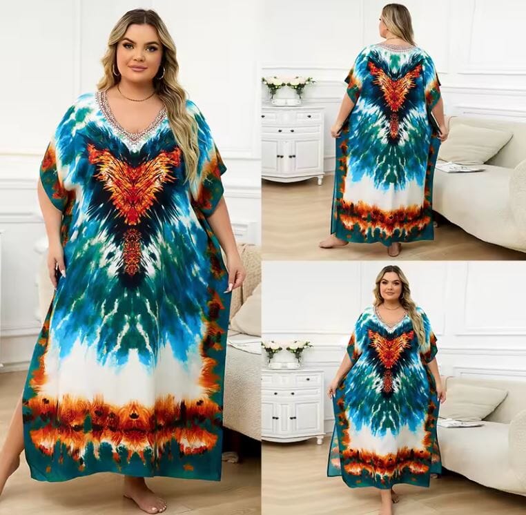 Women Oversize Printed Lightweight Batwing Sleeve Cover Up Swimwear Dresses jehouze 1334-4