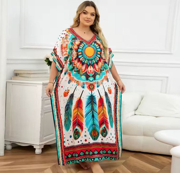 Women Oversize Printed Lightweight Batwing Sleeve Cover Up Swimwear Dresses jehouze 1334-7