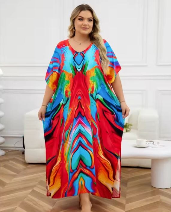 Women Oversize Printed Lightweight Batwing Sleeve Cover Up Swimwear Dresses jehouze 1334-8