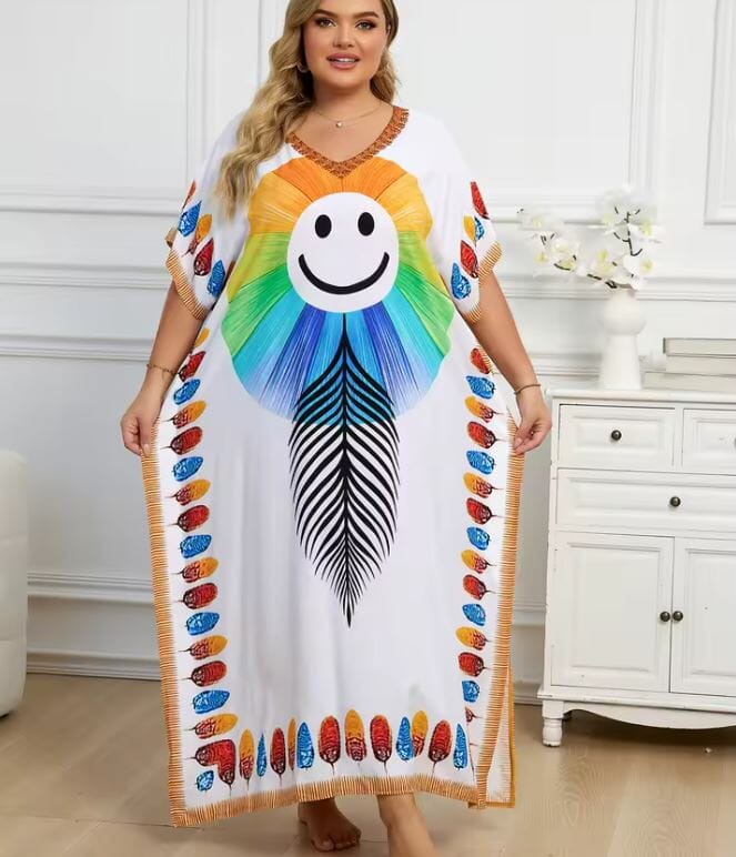 Women Oversize Printed Lightweight Batwing Sleeve Cover Up Swimwear Dresses jehouze 1334-9