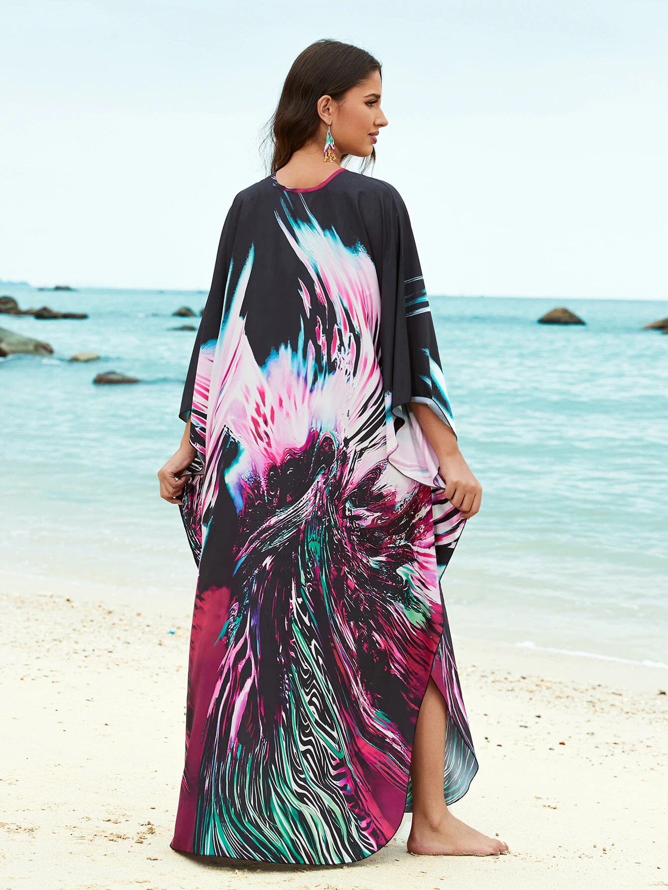Women Oversize V Neck Kraftan Loose Soft Floral Long Cover Up Maxi Dress Dresses jehouze
