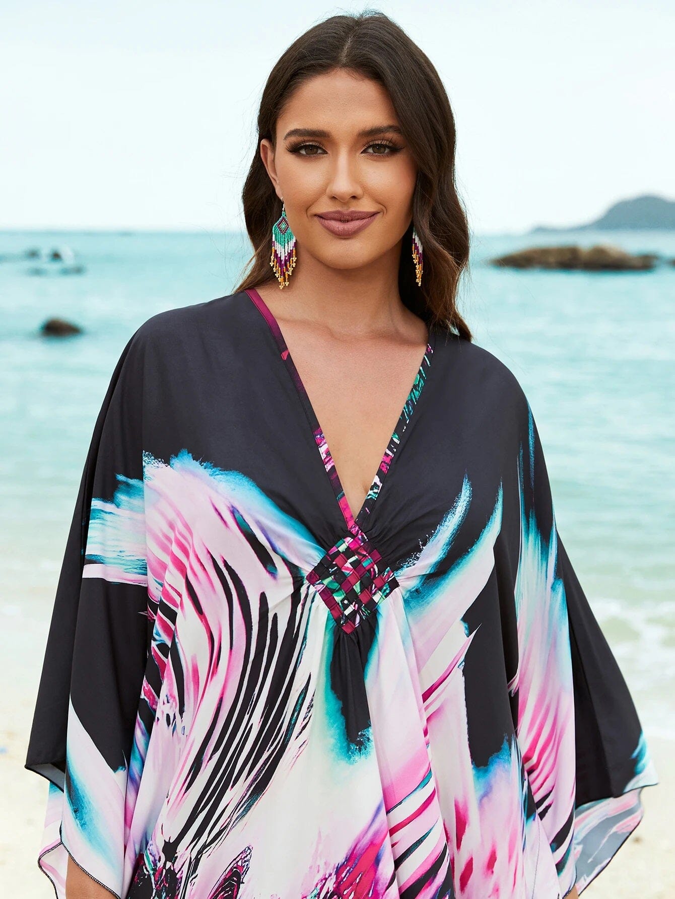Women Oversize V Neck Kraftan Loose Soft Floral Long Cover Up Maxi Dress Dresses jehouze