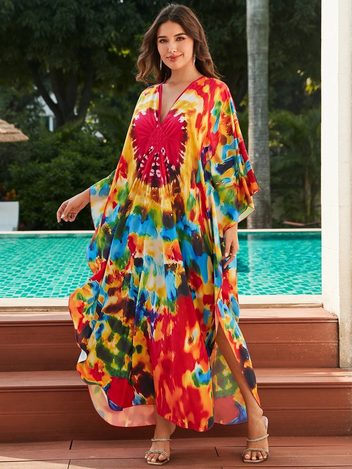 Women Oversize V Neck Kraftan Loose Soft Floral Long Cover Up Maxi Dress Dresses jehouze