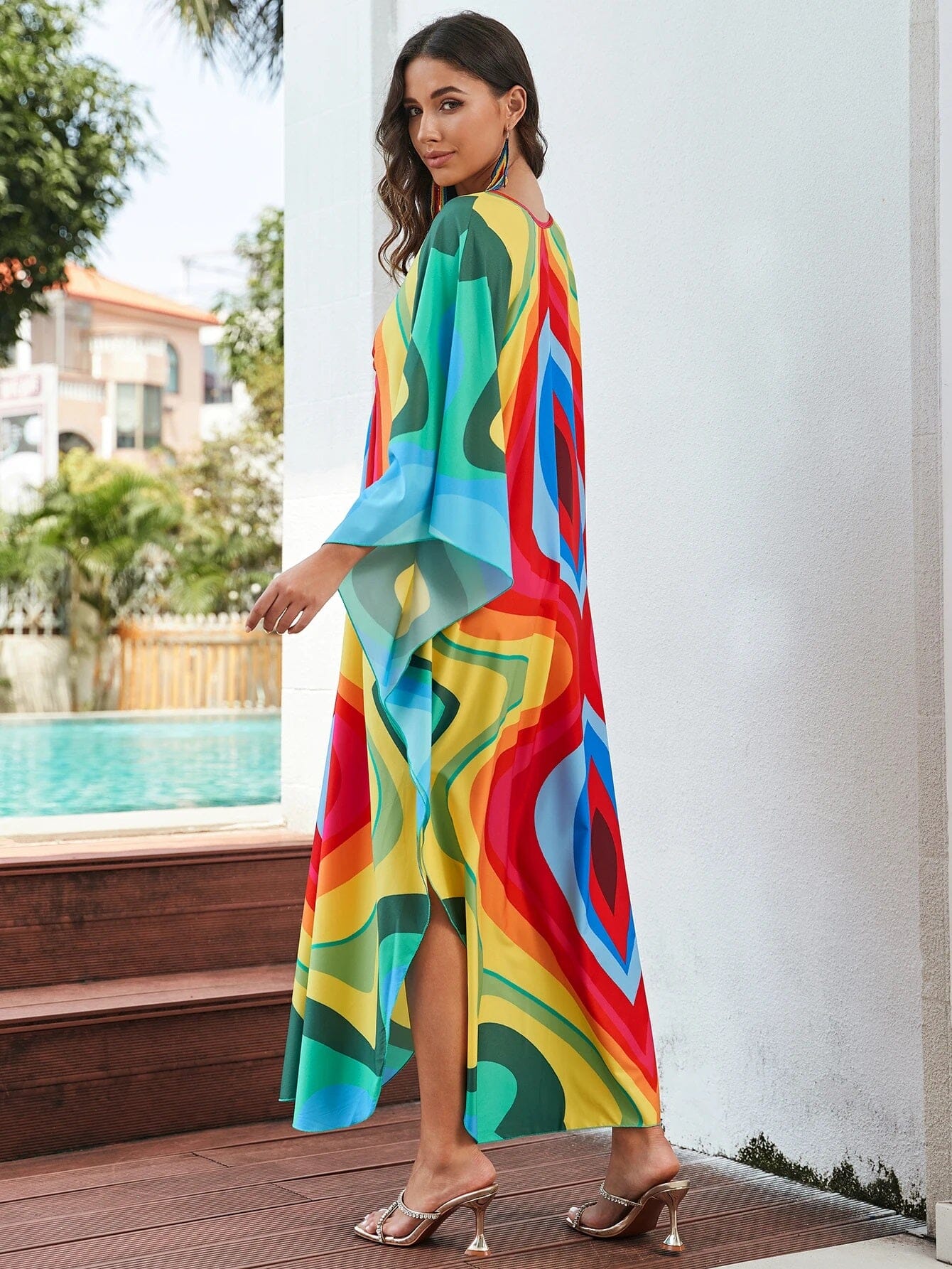 Women Oversize V Neck Kraftan Loose Soft Floral Long Swimwear Cover Up Maxi Dress Dresses jehouze