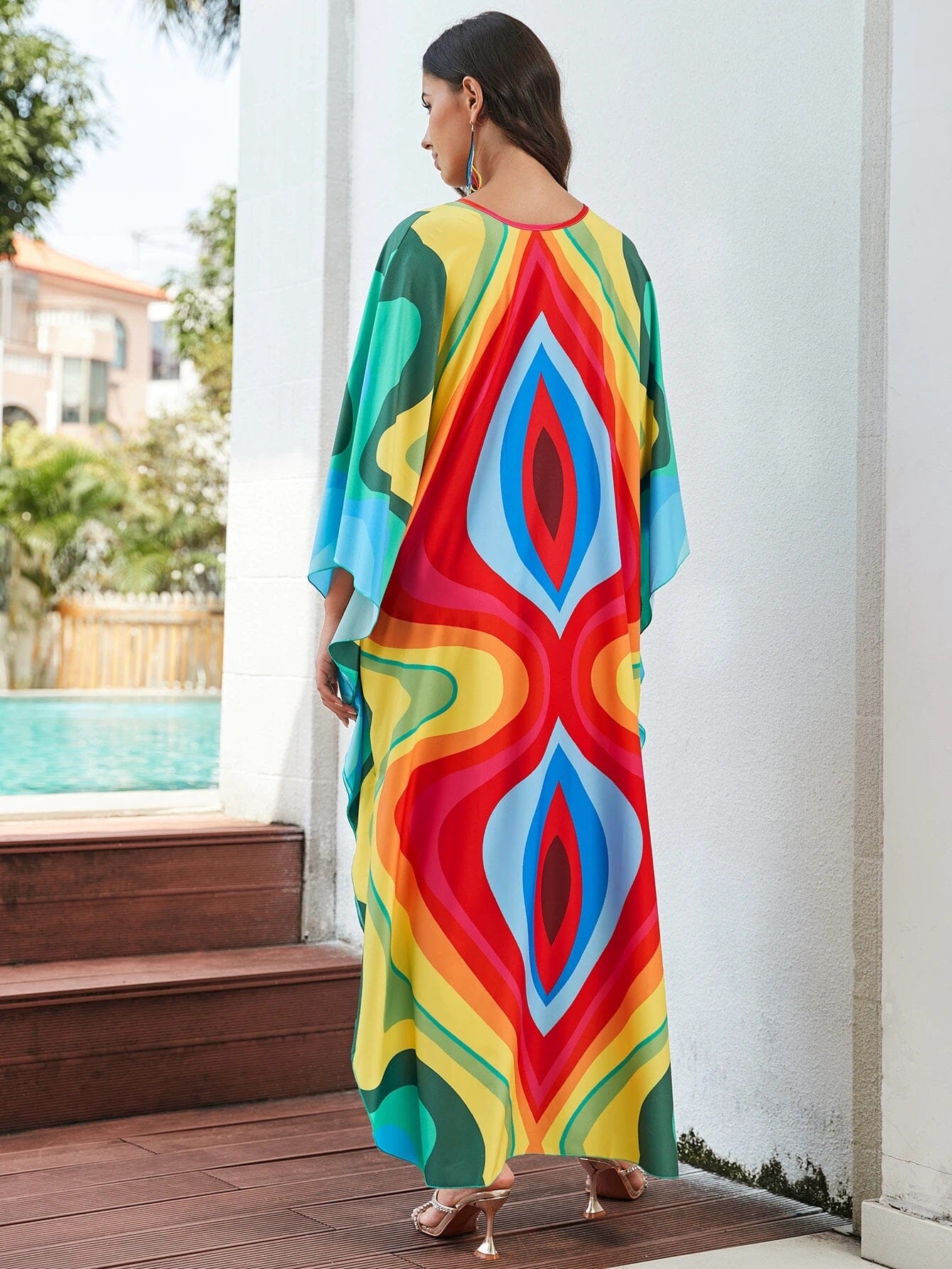 Women Oversize V Neck Kraftan Loose Soft Floral Long Swimwear Cover Up Maxi Dress Dresses jehouze