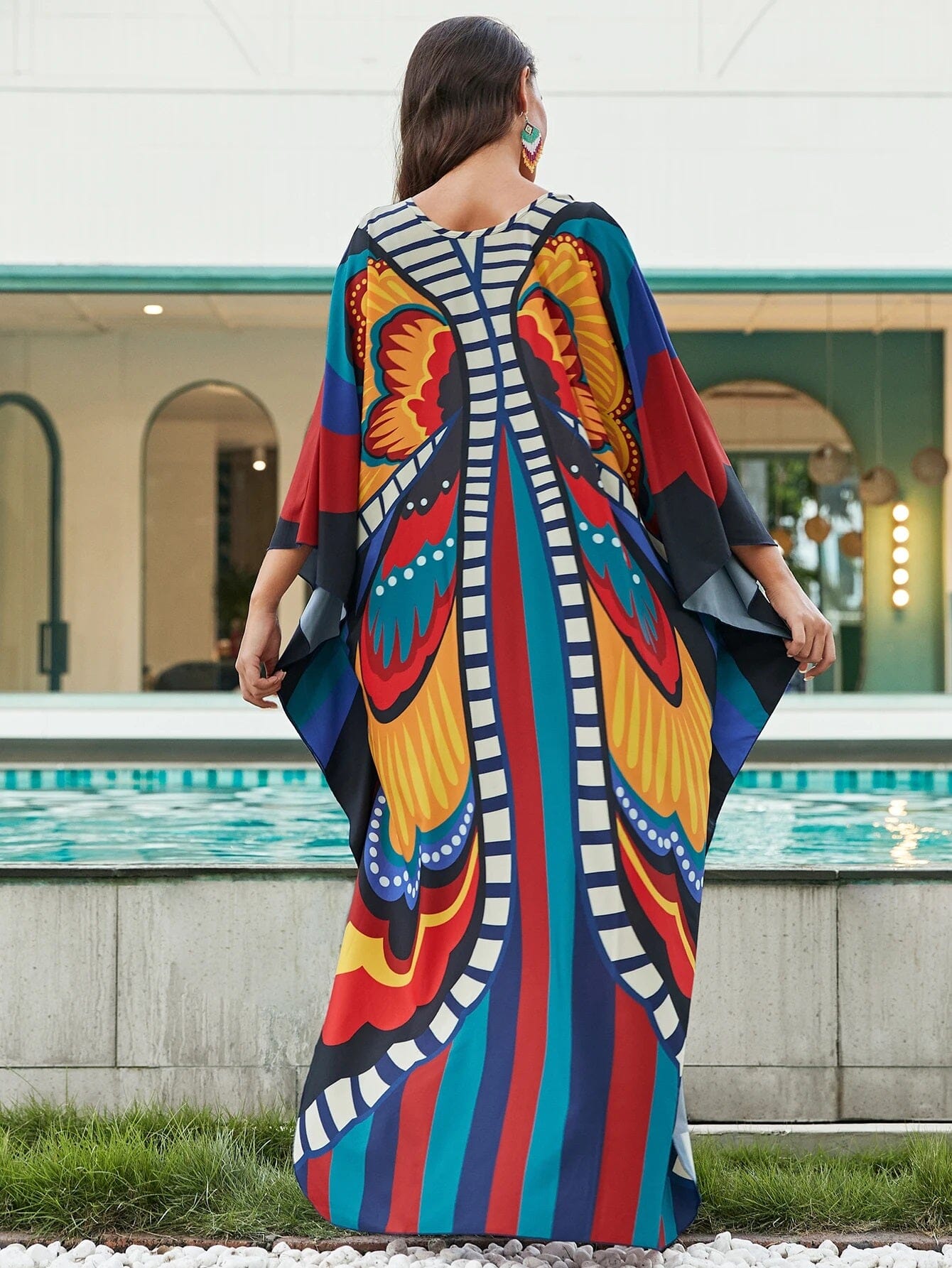 Women Oversize V Neck Kraftan Loose Soft Floral Long Swimwear Cover Up Maxi Dress Dresses jehouze