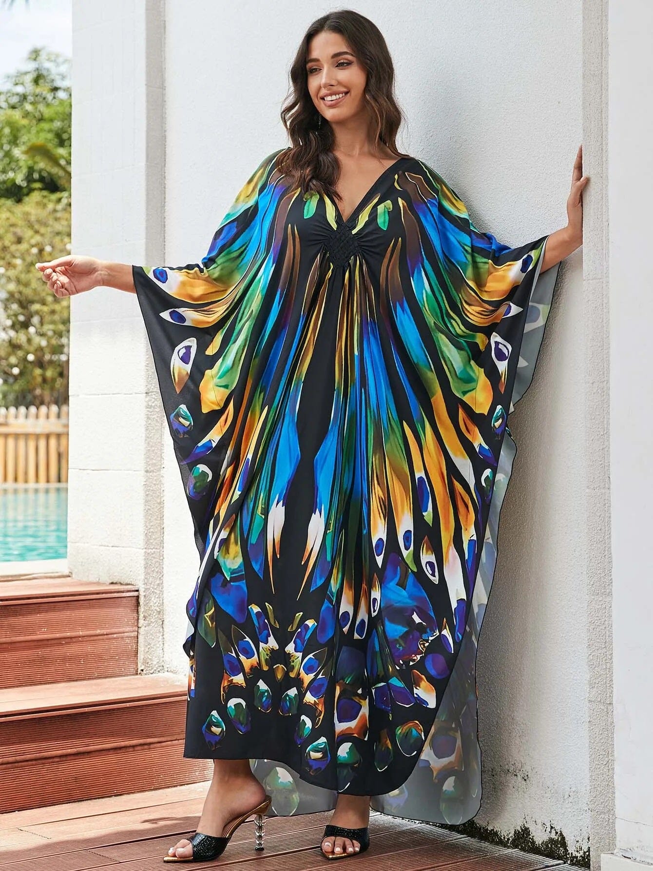 Women Oversize V Neck Kraftan Loose Soft Floral Long Swimwear Cover Up Maxi Dress Dresses jehouze