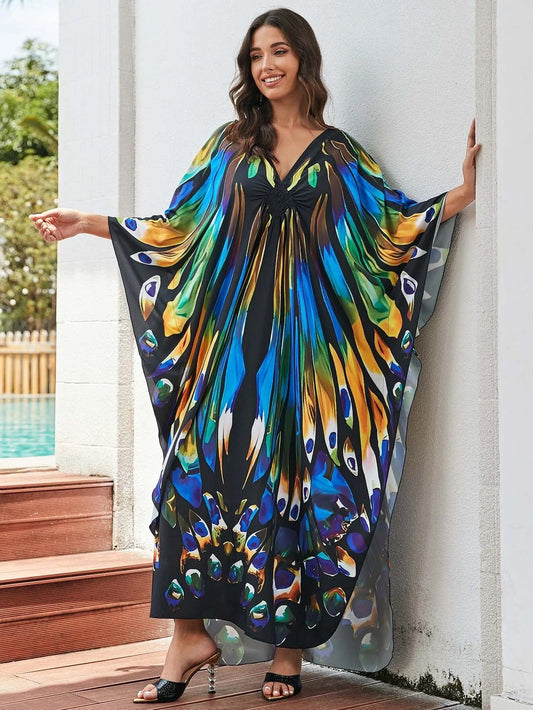 Women Oversize V Neck Kraftan Loose Soft Floral Long Swimwear Cover Up Maxi Dress Dresses jehouze