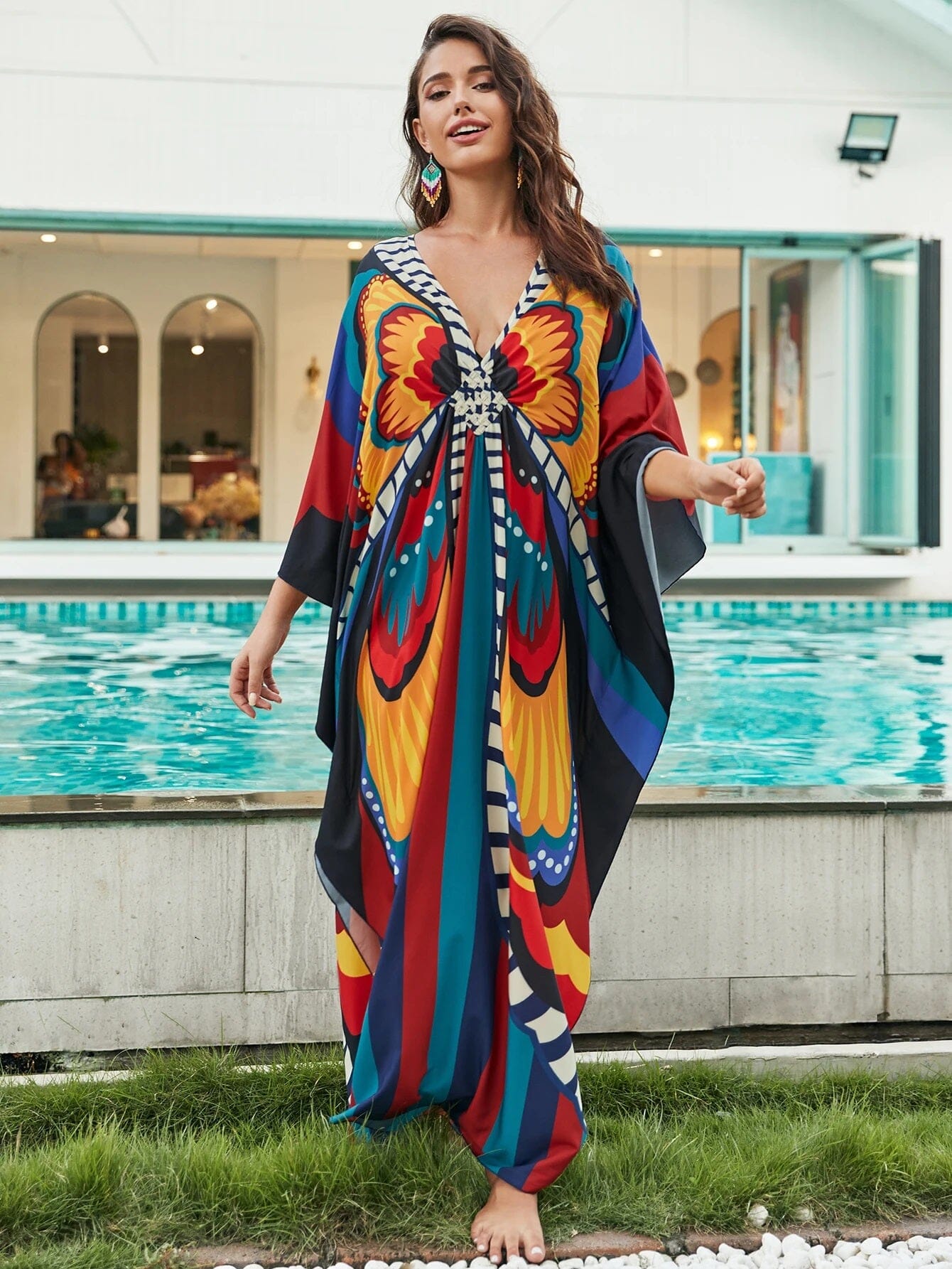 Women Oversize V Neck Kraftan Loose Soft Floral Long Swimwear Cover Up Maxi Dress Dresses jehouze