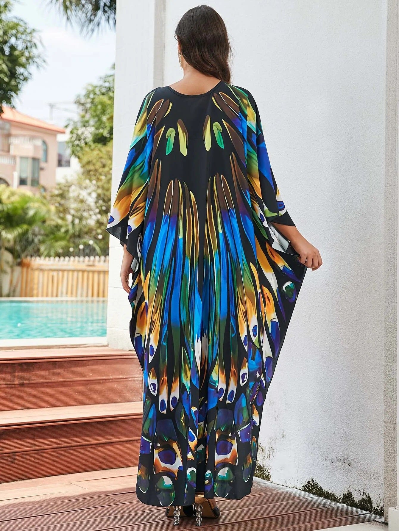 Women Oversize V Neck Kraftan Loose Soft Floral Long Swimwear Cover Up Maxi Dress Dresses jehouze