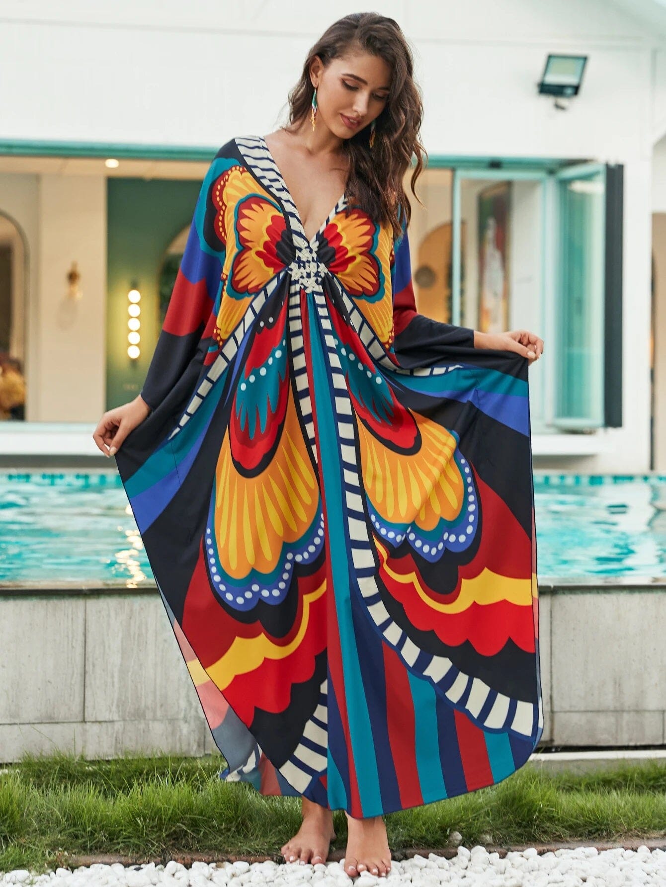 Women Oversize V Neck Kraftan Loose Soft Floral Long Swimwear Cover Up Maxi Dress Dresses jehouze Q1588-8759-0