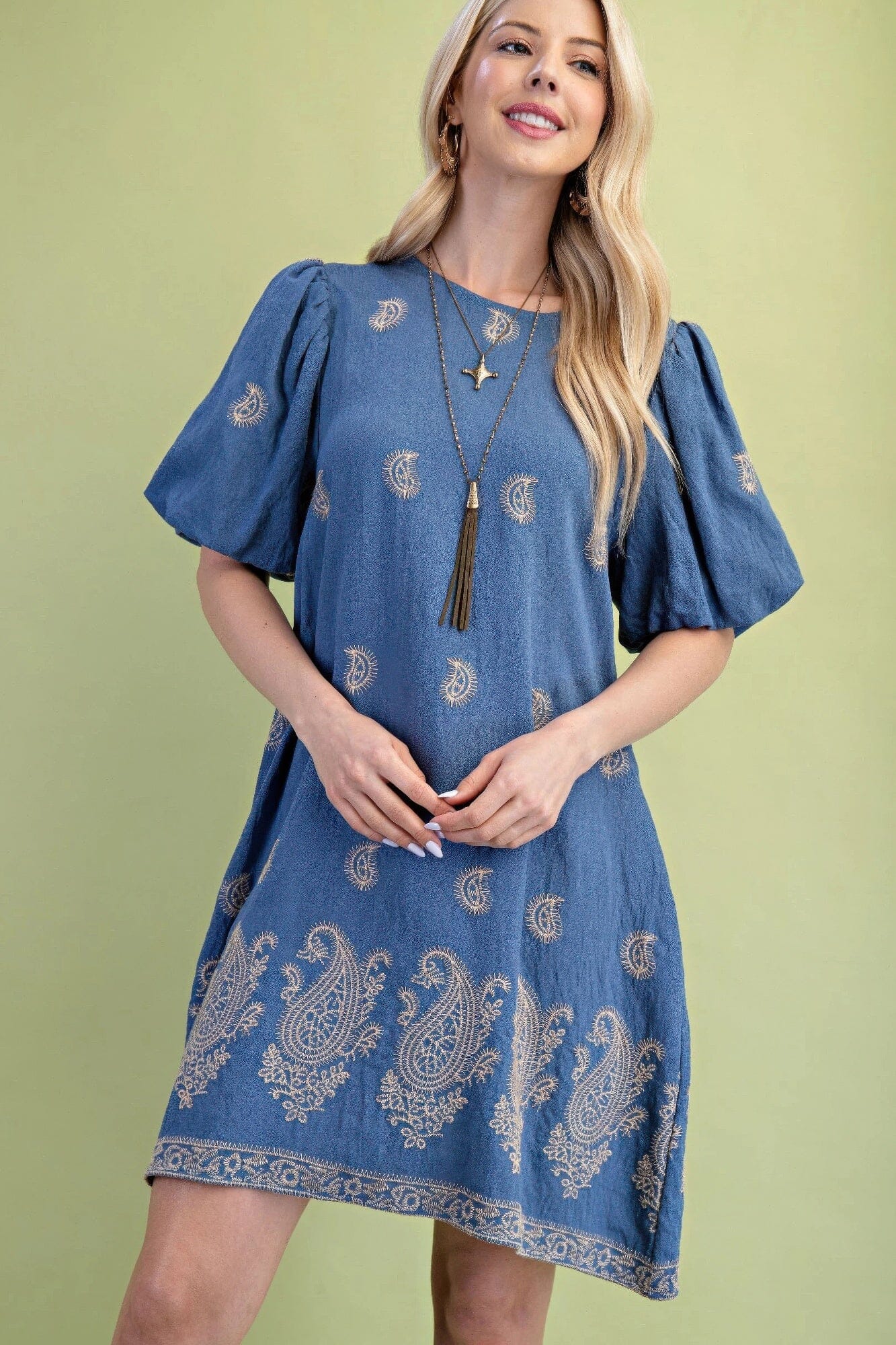 Women Paisley Embroidered Round Neck Mini Dress With Short Puff Sleeves Dresses jehouze