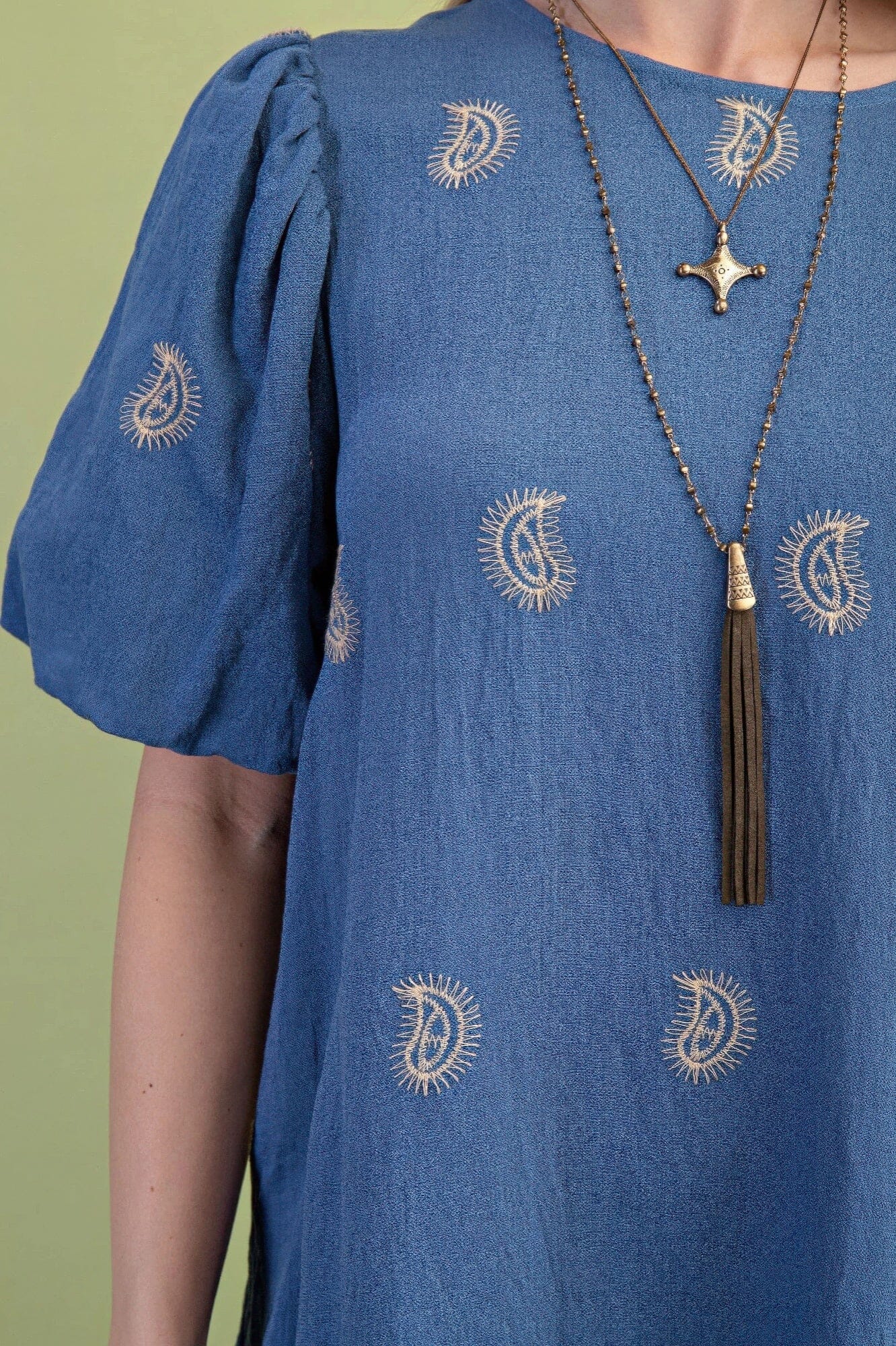 Women Paisley Embroidered Round Neck Mini Dress With Short Puff Sleeves Dresses jehouze