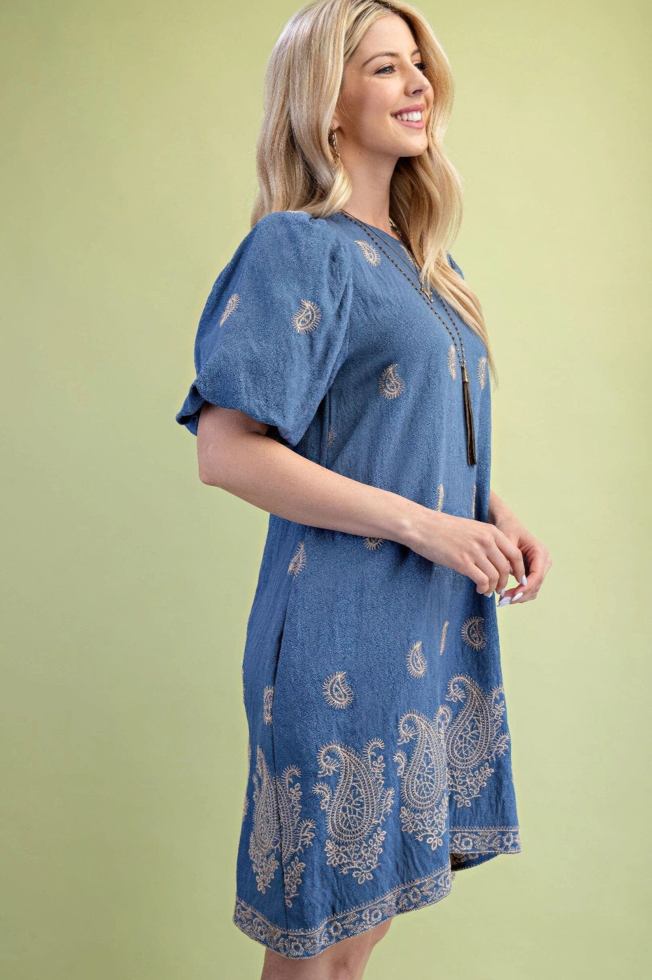 Women Paisley Embroidered Round Neck Mini Dress With Short Puff Sleeves Dresses jehouze