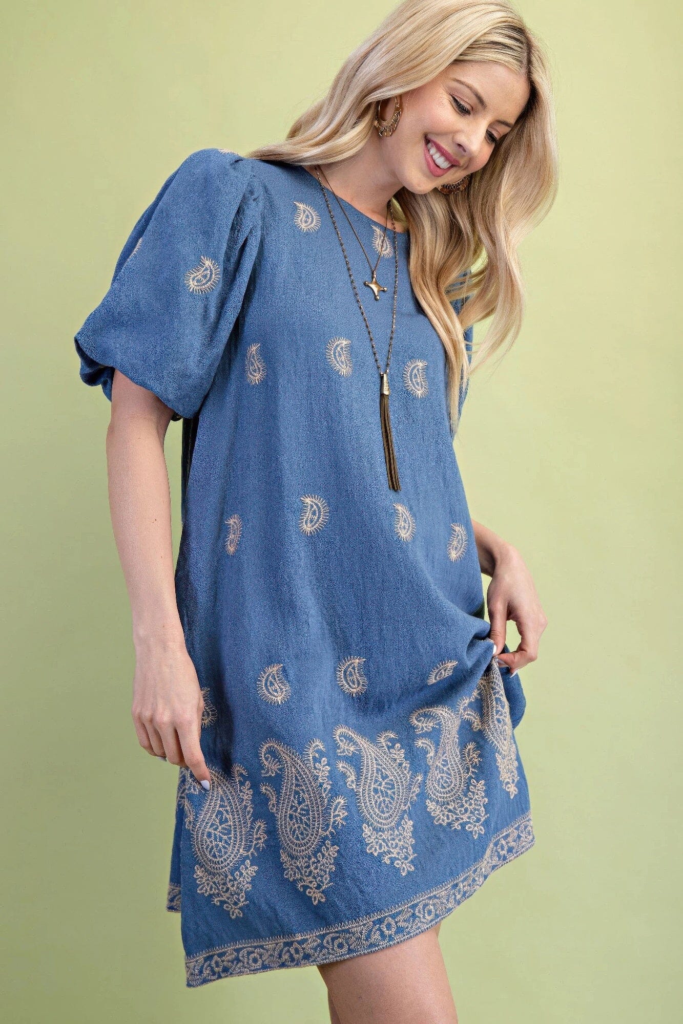 Women Paisley Embroidered Round Neck Mini Dress With Short Puff Sleeves Dresses jehouze