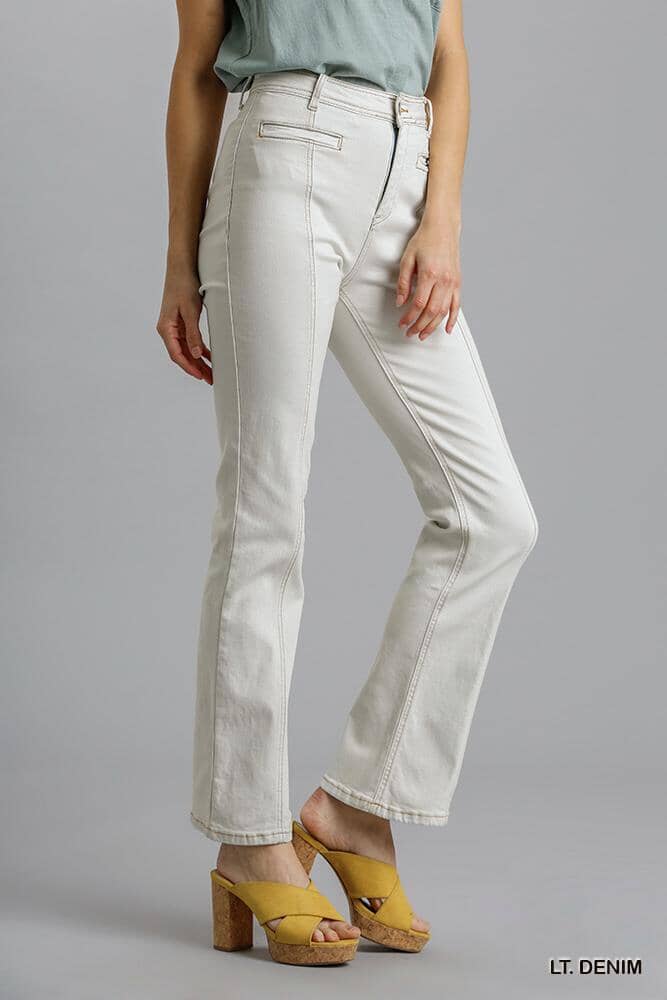 Women Panel Straight Cut Denim Jeans With Pockets Pants jehouze