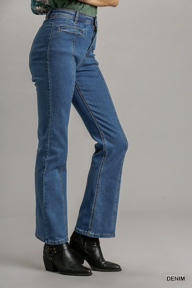 Women Panel Straight Cut Denim Jeans With Pockets Pants jehouze