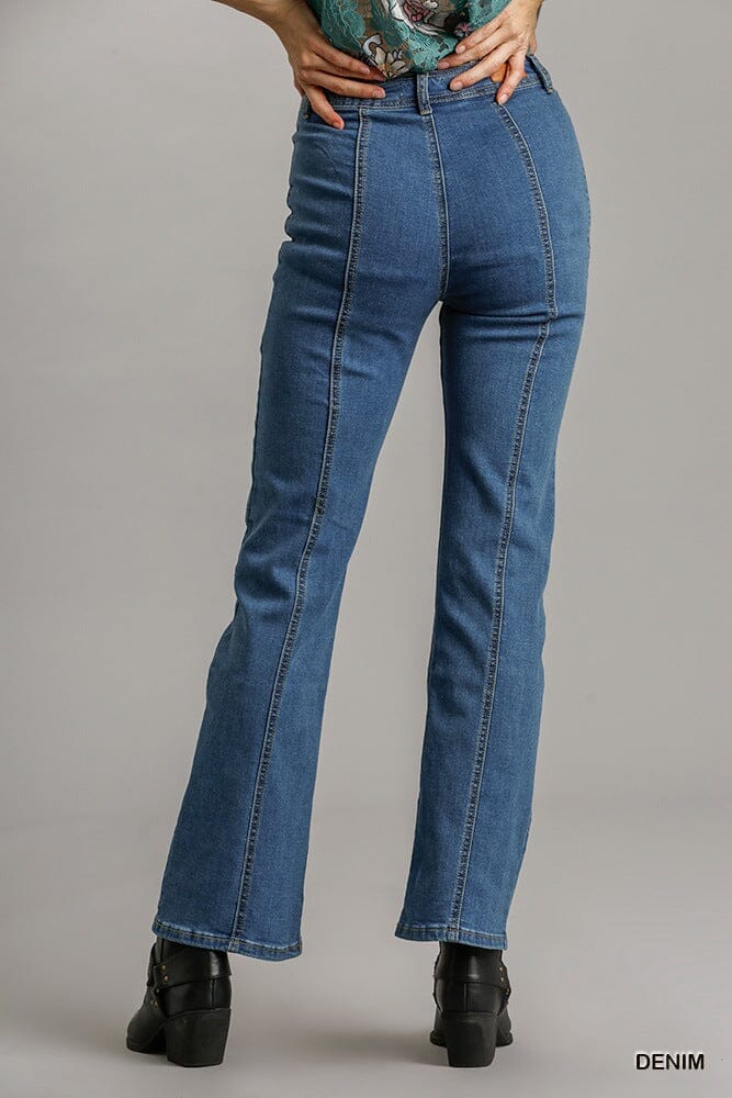 Women Panel Straight Cut Denim Jeans With Pockets Pants jehouze