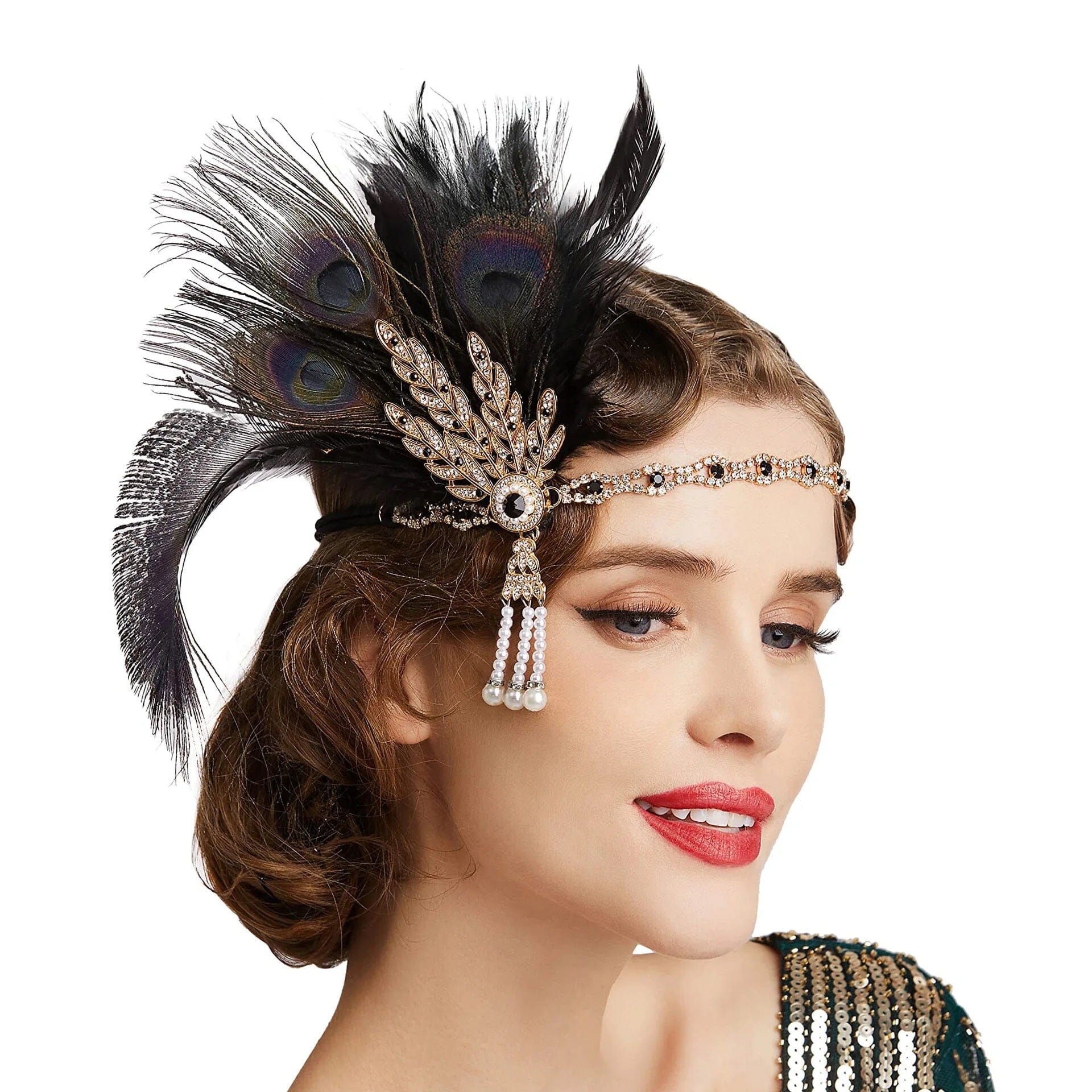 Women Peacock Feather 1920s Flapper Headpiece Vintage Party Rhinestone Hair Accessories Fascinators jehouze Black 