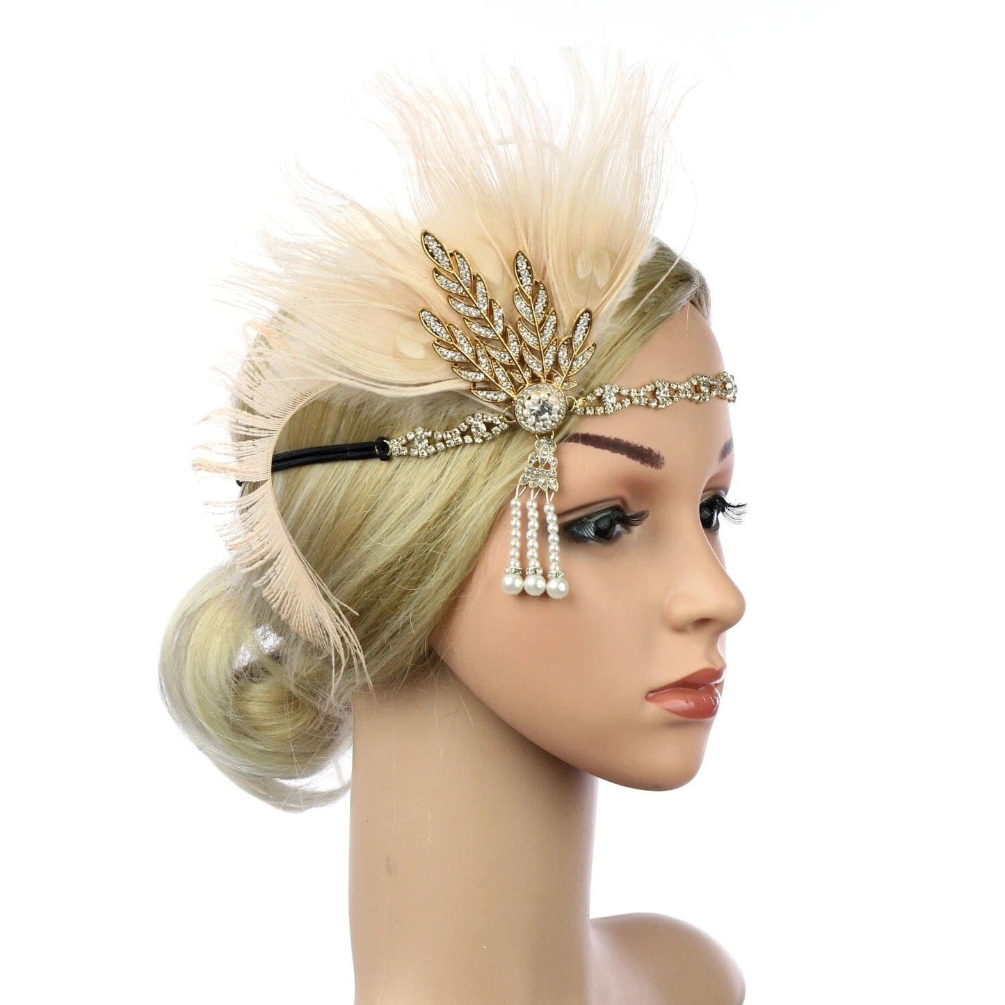 Women Peacock Feather 1920s Flapper Headpiece Vintage Party Rhinestone Hair Accessories Fascinators jehouze Golden 