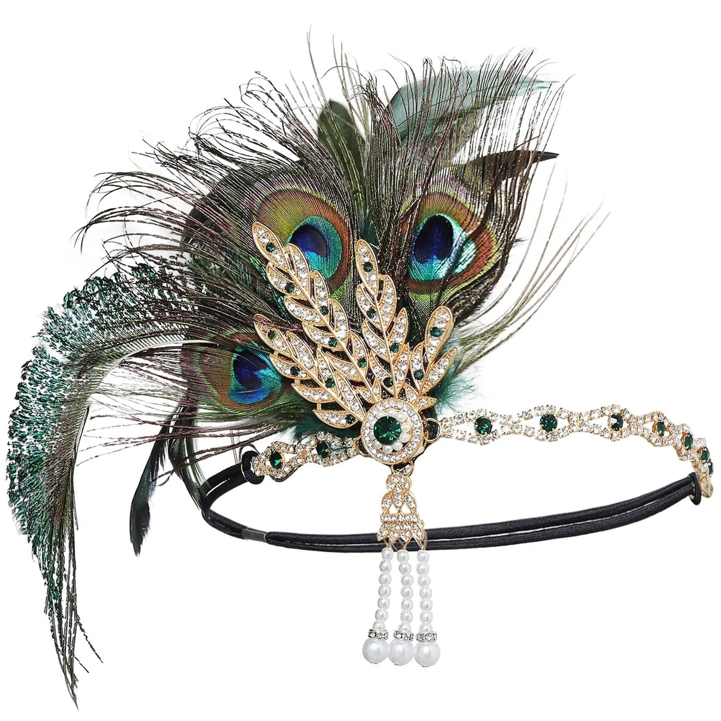 Women Peacock Feather 1920s Flapper Headpiece Vintage Party Rhinestone Hair Accessories Fascinators jehouze Green 