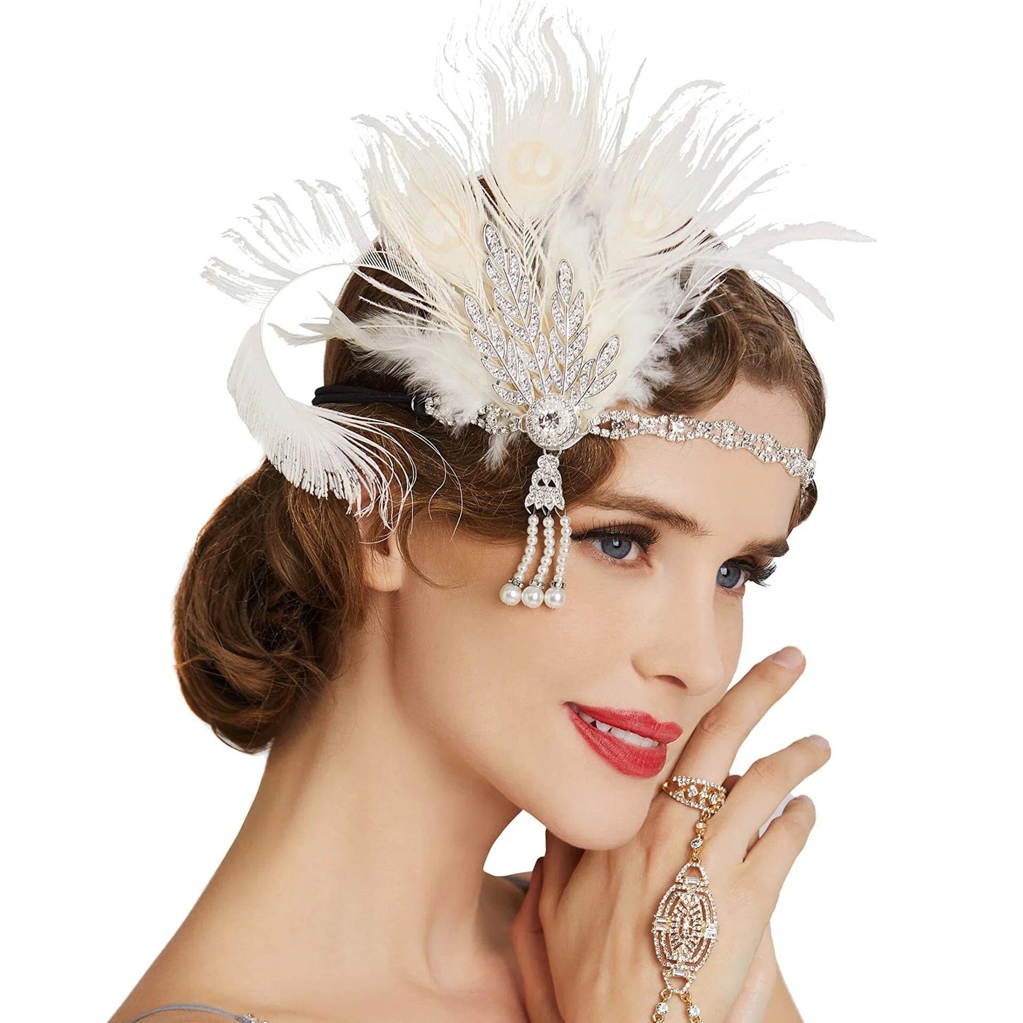 Women Peacock Feather 1920s Flapper Headpiece Vintage Party Rhinestone Hair Accessories Fascinators jehouze Ivory