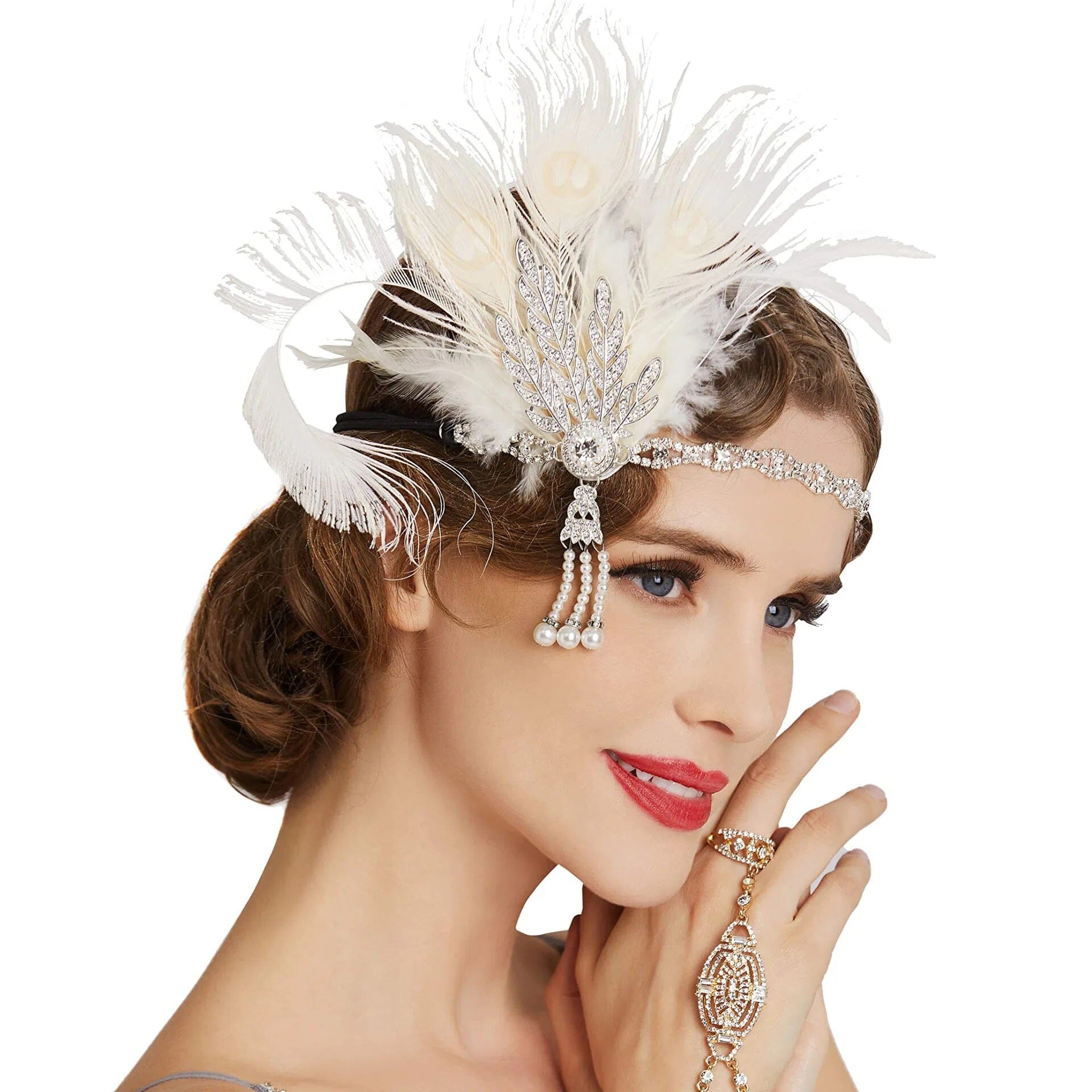 Women Peacock Feather 1920s Flapper Headpiece Vintage Party Rhinestone Hair Accessories Fascinators jehouze Ivory 