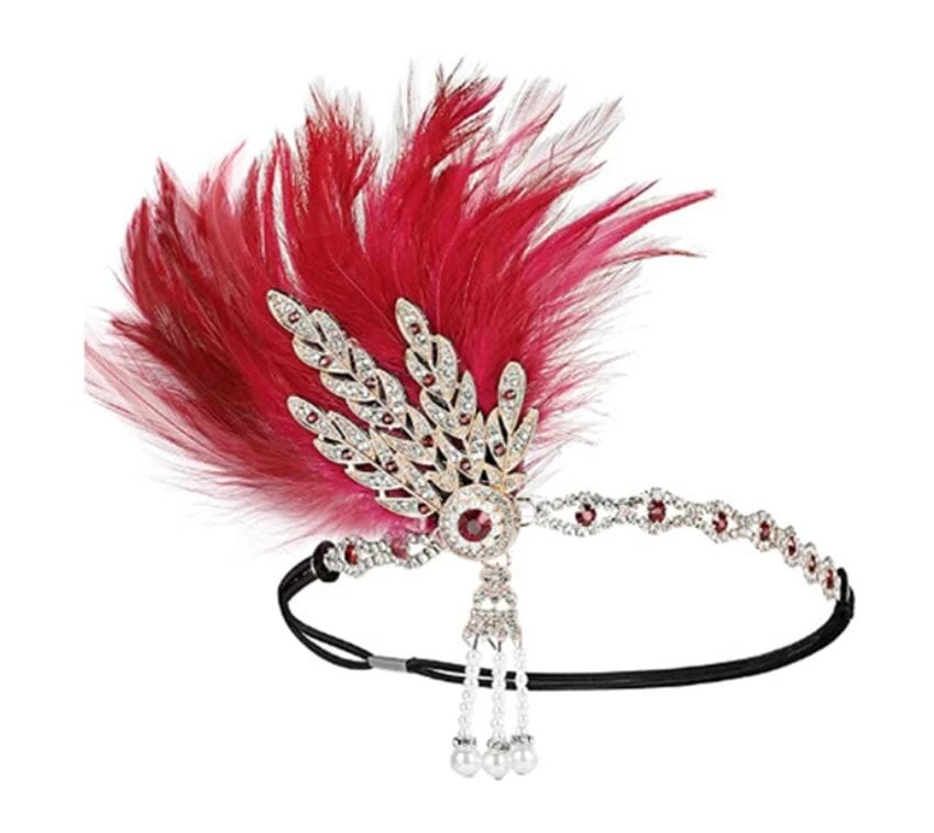 Women Peacock Feather 1920s Flapper Headpiece Vintage Party Rhinestone Hair Accessories Fascinators jehouze Red 