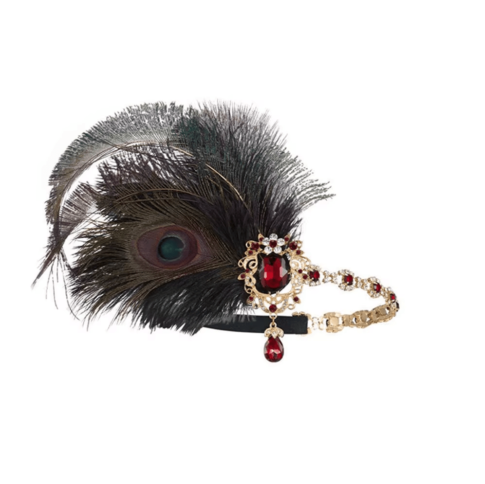 Women Peacock Feather 1920s Flapper Headpiece Vintage Party Rhinestone Hair Accessories_ Fascinators jehouze Red1