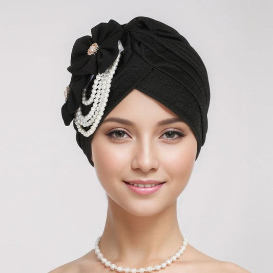 Women Pearls Beading Flower Head Wrap Turban Head wear Hat jehouze